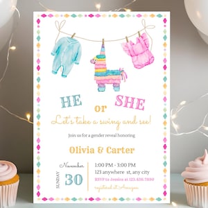 Faire-part révéler le sexe Pinata, Fiesta Baby Shower, lui ou elle-esta, Taco Bout a Baby, inviter, sexe amusant, aquarelle