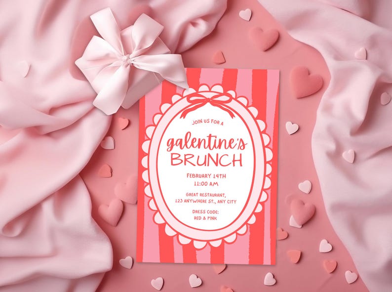 Galentines Day Brunch Invite, Coquette Valentine's Invite, Valentines Day Brunch, Hand Drawn Coquette Bow Galentines Day Invite Template