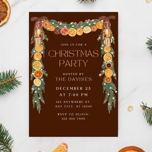Trendy Orange Garland Christmas Invite, Velvet Brown Bows, Coquette Christmas, Rustic Cottagecore Party Invite, Christmas Party Invite