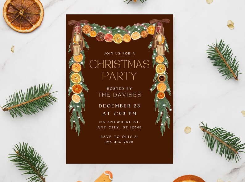 Trendy Orange Garland Christmas Invite, Velvet Brown Bows, Coquette Christmas, Rustic Cottagecore Party Invite, Christmas Party Invite