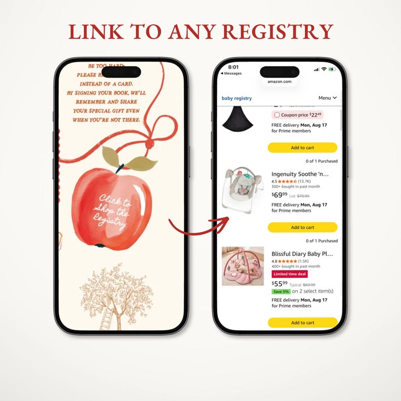 May include: Two smartphones displaying a digital interface. The left screen shows a cream background with a red apple graphic, text reading 'Click to shop the registry', and a tree illustration. The right screen shows an Amazon baby registry page.