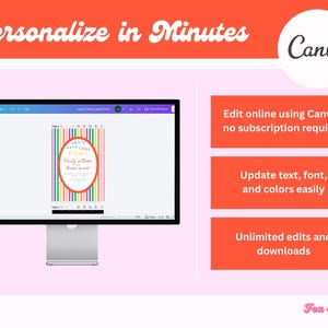 May include: A computer monitor displays a colorful invitation design. The image includes the text "Personalize in Minutes" and "Canva." Additional text highlights easy online editing, text updates, and unlimited downloads.
