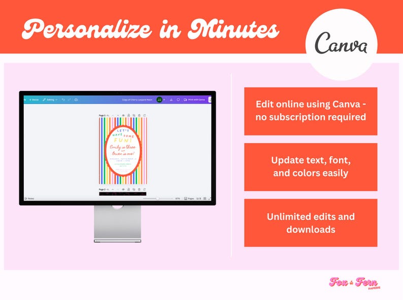 May include: A computer monitor displays a colorful invitation design. The image includes the text "Personalize in Minutes" and "Canva." Additional text highlights easy online editing, text updates, and unlimited downloads.