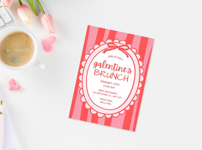 Galentines Day Brunch Invite, Coquette Valentine's Invite, Valentines Day Brunch, Hand Drawn Coquette Bow Galentines Day Invite Template