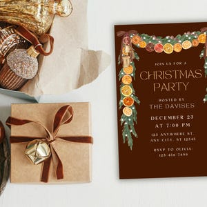 Trendy Orange Garland Christmas Invite, Velvet Brown Bows, Coquette Christmas, Rustic Cottagecore Party Invite, Christmas Party Invite