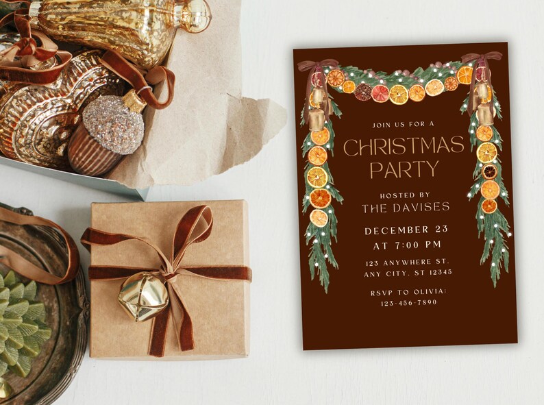 Trendy Orange Garland Christmas Invite, Velvet Brown Bows, Coquette Christmas, Rustic Cottagecore Party Invite, Christmas Party Invite