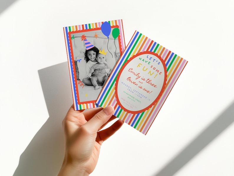 May include: Two colorful birthday party invitations. One features a black and white photo of two children wearing party hats, with balloons and a red border. The other invitation has text that reads "Let's Have Some Fun! Emily is three and Owen is one!"