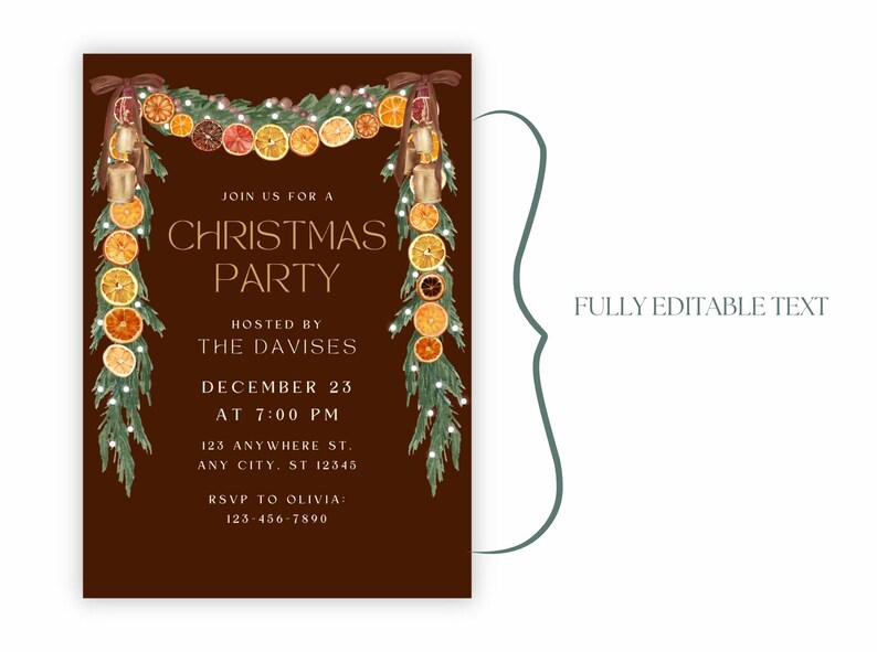 Trendy Orange Garland Christmas Invite, Velvet Brown Bows, Coquette Christmas, Rustic Cottagecore Party Invite, Christmas Party Invite