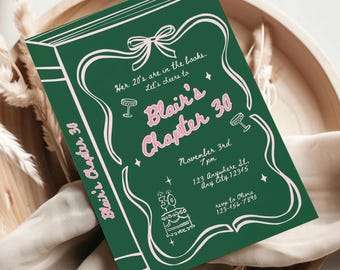 Coquette Chapter Birthday Invitation Template, Whimsical Hand Drawn Bookish Birthday
