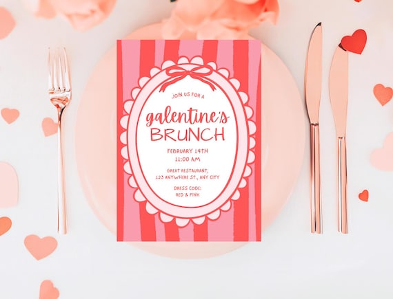 Galentines Day Brunch Invite, Coquette Valentine's Invite, Valentines Day Brunch, Hand Drawn Coquette Bow Galentines Day Invite Template