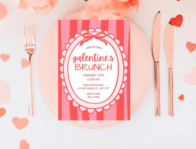Galentines Day Brunch Invite, Coquette Valentine's Invite, Valentines Day Brunch, Hand Drawn Coquette Bow Galentines Day Invite Template
