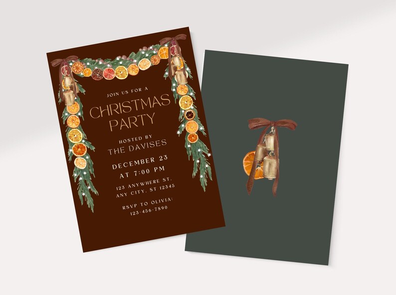 Trendy Orange Garland Christmas Invite, Velvet Brown Bows, Coquette Christmas, Rustic Cottagecore Party Invite, Christmas Party Invite