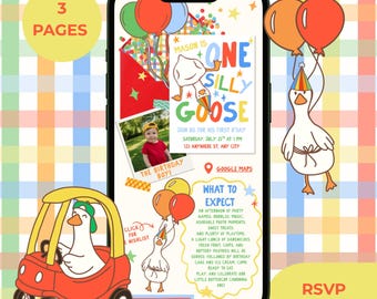 May include: A digital birthday invitation displayed on a smartphone screen featuring a white goose wearing a party hat, colorful balloons, and confetti. The text reads Mason is one silly goose, join us for his first b'day, and includes event details.