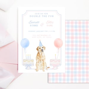 Joint Birthday Puppy Party Invite, Dog Party Invitation Template, Blue and Pink Gingham Puppy Party, Grand Millennial Puppy Birthday Invite