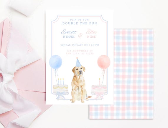 Joint Puppy Birthday Invitation: Watercolor Lab, Gingham (Editable in Canva)