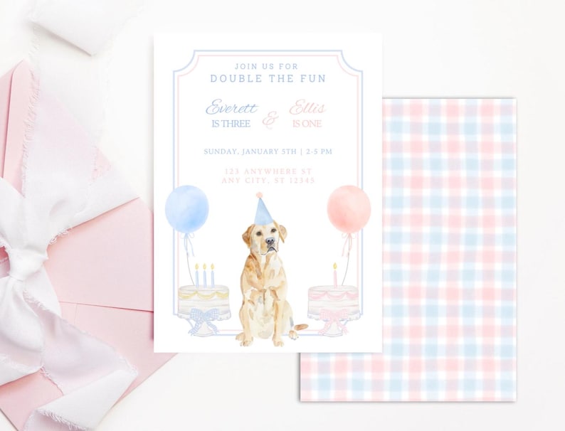 Joint Birthday Puppy Party Invite, Dog Party Invitation Template, Blue and Pink Gingham Puppy Party, Grand Millennial Puppy Birthday Invite