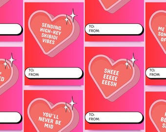 Corazones de caramelo con jerga adolescente, divertidas tarjetas imprimibles para San Valentín para preadolescentes, tarjetas de San Valentín para la generación Z y la generación Alpha, tarjetas de San Valentín para adolescentes, tarjetas digitales de San Valentín para niños
