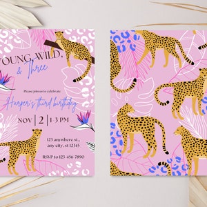 Young Wild Three Invite, Leopard Print Birthday Invitation, Pink Leopard Birthday Invite, Third Birthday Theme Invite Template