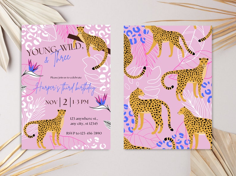 Young Wild Three Invite, Leopard Print Birthday Invitation, Pink Leopard Birthday Invite, Third Birthday Theme Invite Template