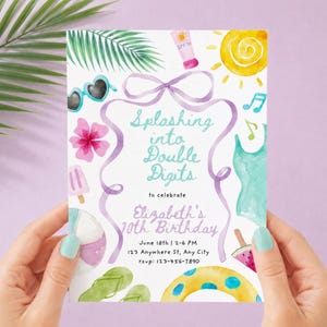 May include: A watercolour birthday invitation with the text "Splashing into Double Digits" and "Elizabeth's 10th Birthday." The design includes sunglasses, a swimsuit, a sun, and other summer-themed illustrations. The invitation is held by a person.