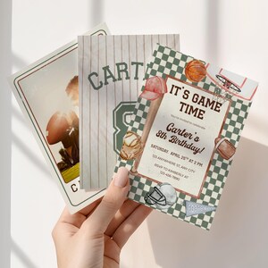 May include: Three sports-themed birthday invitations. One features a football player, another a baseball jersey with the name "Carter", and the third has a basketball, baseball, and football theme with the text "It's Game Time".