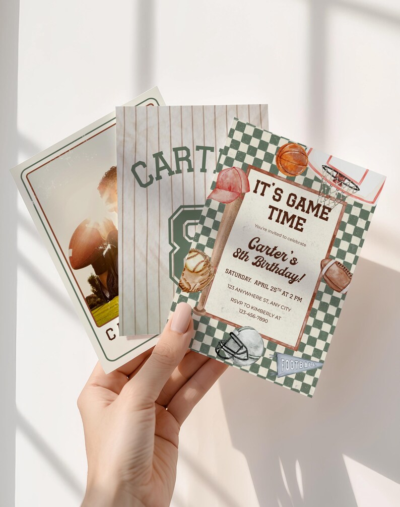 May include: Three sports-themed birthday invitations. One features a football player, another a baseball jersey with the name "Carter", and the third has a basketball, baseball, and football theme with the text "It's Game Time".
