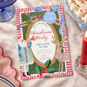 May include: A rectangular Christmas party invitation card featuring a central oval frame with the text You're Invited to a Christmas Party, Dec 24th at 7pm, 123 Anywhere St, Any City, ST 12345, Let's celebrate. It includes illustrations of Santa, a deer, holly, and ornaments.