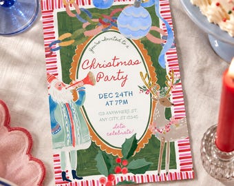 May include: A rectangular Christmas party invitation card featuring a central oval frame with the text You're Invited to a Christmas Party, Dec 24th at 7pm, 123 Anywhere St, Any City, ST 12345, Let's celebrate. It includes illustrations of Santa, a deer, holly, and ornaments.