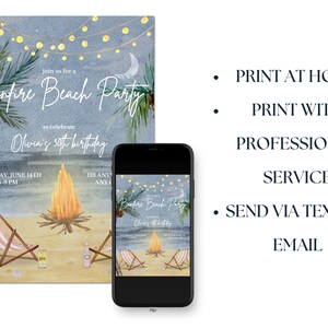 May include: A digital invitation for a bonfire beach party, featuring a watercolor illustration of a bonfire, beach chairs, and palm trees. The invitation includes the text "Bonfire Beach Party" and event details.
