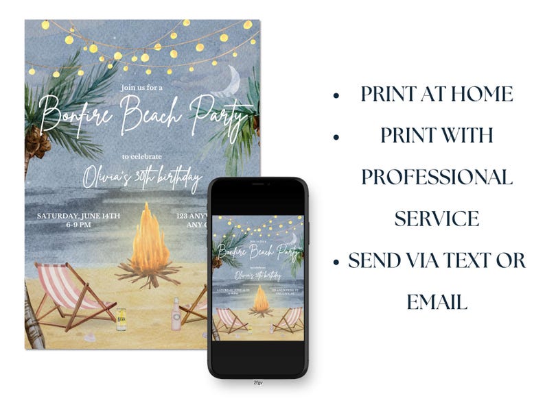 May include: A digital invitation for a bonfire beach party, featuring a watercolor illustration of a bonfire, beach chairs, and palm trees. The invitation includes the text "Bonfire Beach Party" and event details.