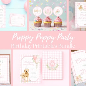 Pink Gingham Goldendoodle Puppy Birthday Party Bundle (Digital Download)