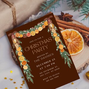 Trendy Orange Garland Christmas Invite, Velvet Brown Bows, Coquette Christmas, Rustic Cottagecore Party Invite, Christmas Party Invite