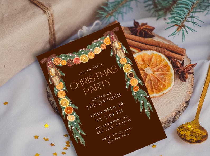 Trendy Orange Garland Christmas Invite, Velvet Brown Bows, Coquette Christmas, Rustic Cottagecore Party Invite, Christmas Party Invite
