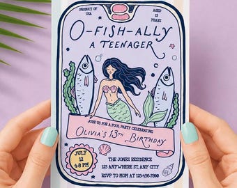 13th Birthday Pool Party Invitation | Sardine Can Mermaid Theme (Digital Download)