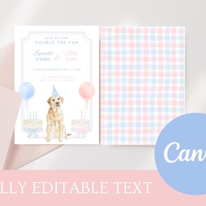 Joint Birthday Puppy Party Invite, Dog Party Invitation Template, Blue and Pink Gingham Puppy Party, Grand Millennial Puppy Birthday Invite