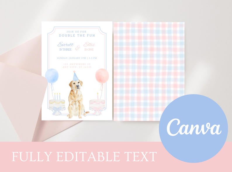 Joint Birthday Puppy Party Invite, Dog Party Invitation Template, Blue and Pink Gingham Puppy Party, Grand Millennial Puppy Birthday Invite