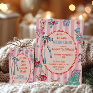 May include: A festive pink and white striped invitation and gift tag. The invitation reads "Let's get this party cracking!" and "Emma's 2nd Birthday." The gift tag says "Crack open some holiday cheer!" and "Merry Christmas."