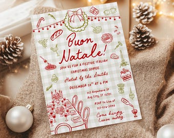 May include: A festive Italian Christmas soiree invitation with the words "Buon Natale!" in red script. The invitation features red and green illustrations of food and holiday decorations on a checkered background.