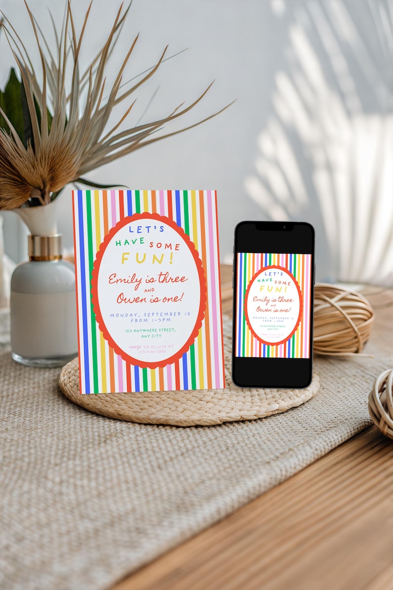 May include: A colorful birthday party invitation with vertical stripes in various colors. The invitation features the text "LET'S HAVE SOME FUN! Emily is three and Owen is one!" on a red oval. A smartphone displays the same design.