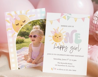 Een gelukkig meisje Sunshine eerste verjaardag | Pastelkleur gingang | Digitale download