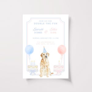 Joint Birthday Puppy Party Invite, Dog Party Invitation Template, Blue and Pink Gingham Puppy Party, Grand Millennial Puppy Birthday Invite