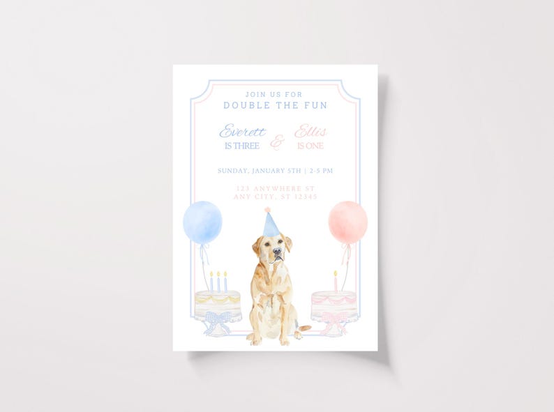 Joint Birthday Puppy Party Invite, Dog Party Invitation Template, Blue and Pink Gingham Puppy Party, Grand Millennial Puppy Birthday Invite