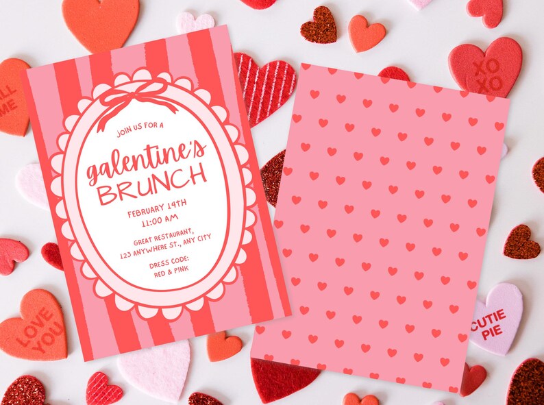 Galentines Day Brunch Invite, Coquette Valentine's Invite, Valentines Day Brunch, Hand Drawn Coquette Bow Galentines Day Invite Template