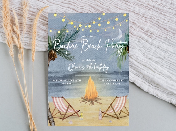 Beach Bonfire Party Invitation: Watercolor Sunset, Editable Text (Digital Download)