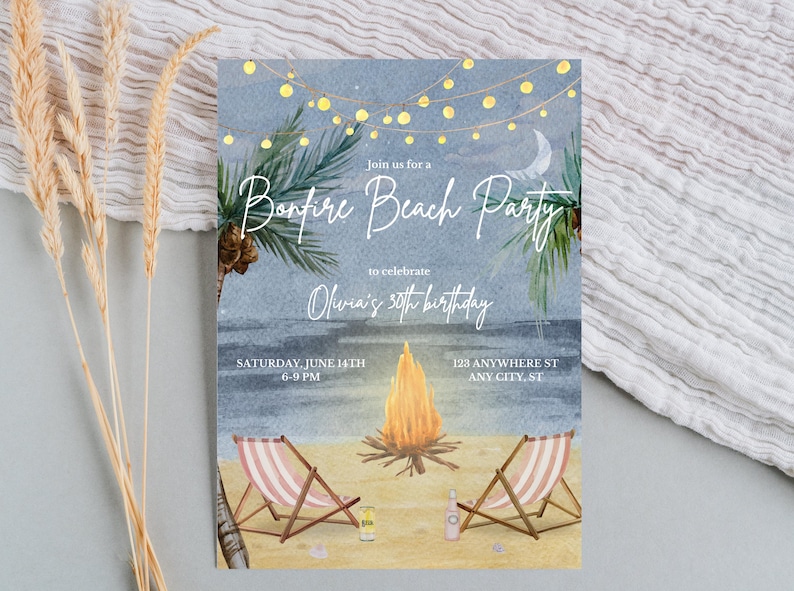 May include: Watercolor invitation for a bonfire beach party. The invitation features a bonfire, beach chairs, and palm trees. Text reads "Bonfire Beach Party" and "Olivia's 30th birthday".