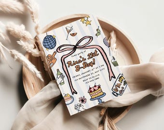 Könnte beinhalten: Eine Geburtstagseinladung mit einem rosa Schleifendesign und dem Text "Nina's 21st B-Day!". Die Einladung zeigt Illustrationen einer Discokugel, eines Cocktails, eines Kuchens und anderer Party-Grafiken.