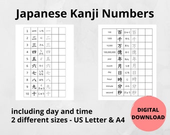 Japanese Kanji Numbers worksheet (day and time included) for learning and practice writing