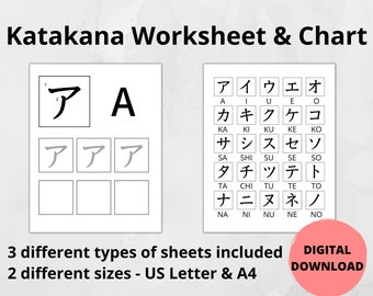 Japanese Katakana worksheet and Japanese Hiragana chart for learning and practice writing