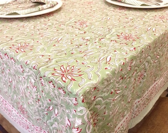 Green Table Cloth, Hand Block Printed Table Cloth, Block Print Cotton Table Cover, Dinning Table Cover, Thanks Giving Table Cloths
