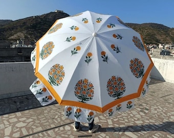 Indian Cotton Garden Umbrella Block Printed Large Parasol Patio Garden Umbrella, Cotton Beach Umbrella, Sun Shade Protection, Block Printed